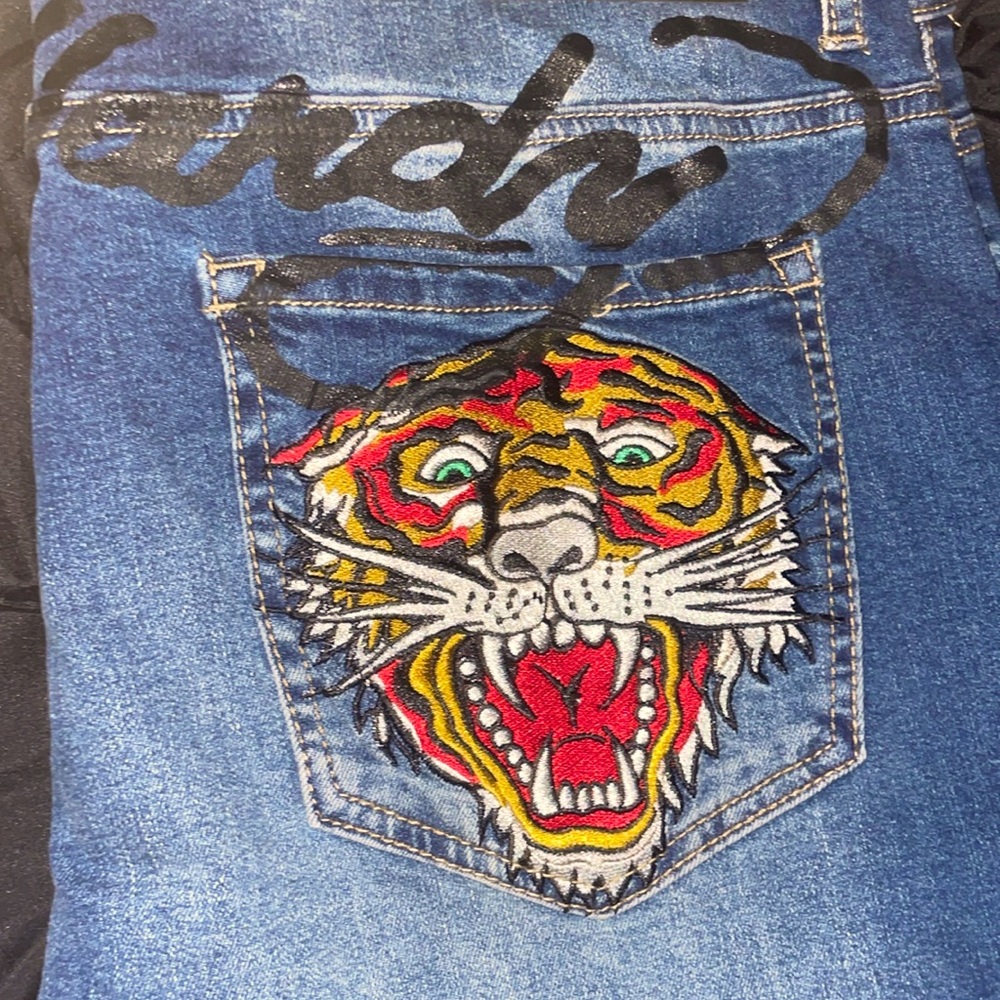 Ed Hardy Mens Blue Tattoo Print Distressed 5 Pocket Denim Straight Jeans Size 38